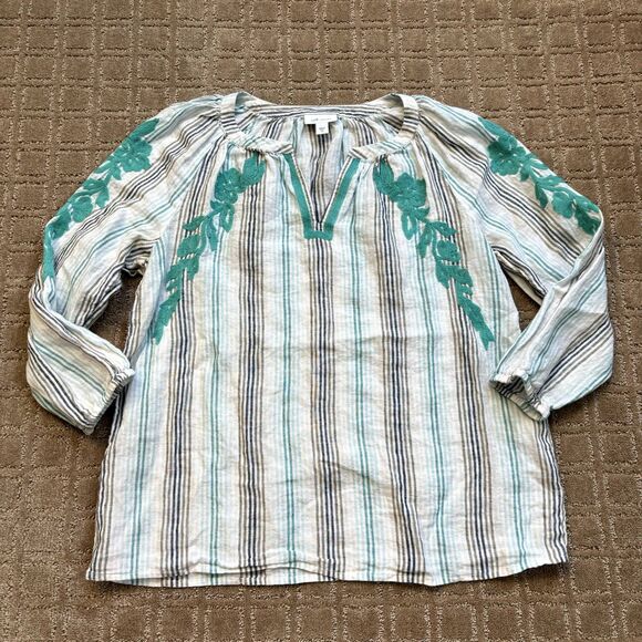 J. Jill 100% Linen Blouse Women's XS Embroidered Floral Stripe Turquoise White - Picture 1 of 7